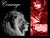 "Courage" upper left title; left, head of lion, facing right, black and white; right top, Catherine's nightmare of slashed face, looking up; right center, same dream sequence, Vincent looking down; right bottom, Catherine sitting in a tree, smiling