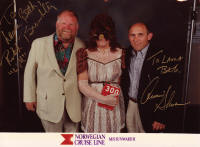    Autographed pic of Ritch Brinkley, Armin Shimerman and Laura Beth (in her Brigit O’Donnell costume) on the Celebration Of Life cruise - 1991.