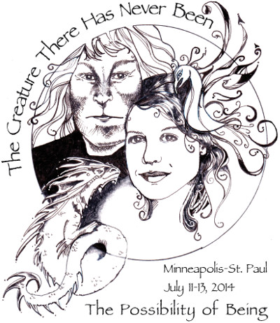 The Creature There Has Never Been | The Possibility of Being | Minneapolis - St. Paul | July 11-13, 2014; image is a pencil drawing of Vincent and Catherine with a phoenix above and to the right and a small dragon below left