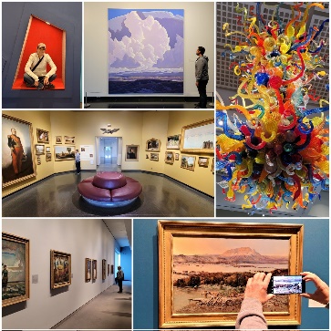 6 photos of art in the museum; 5 images are paintings, 1 is a colorful glass sculpture