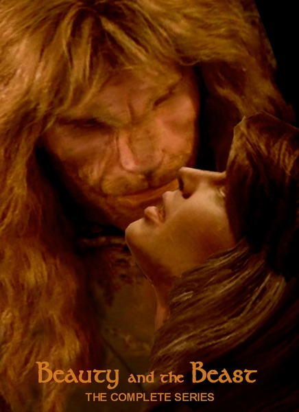 Vincent background, looking down intently at Catherine (can't see his eyes); Catherine lower right , profile, looking up intently; Vincent looks about to kiss her; Beauty and the Beast script font bottom center with The Complete Series in sans-serif caps beneath it