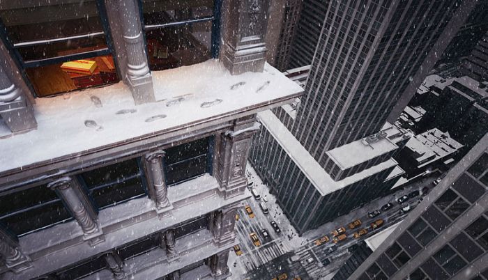 Footprints on a snowy building’s ledge, high above a wintry New York intersection, lead to an open window.
