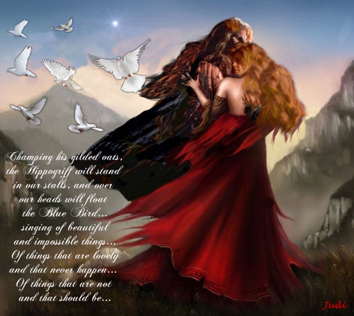 Vincent and Catherine in a windswept embrace. Doves flutter around them.