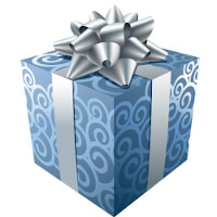 a present, gift wrapped in blue with a silver ribbon
